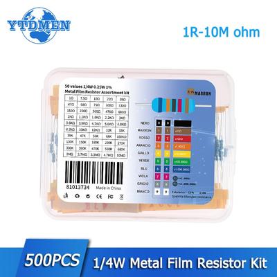 Kit surtido de resistencias de película metálica de 500/2500 piezas, 0,25 W, 1/4 W, 1 %, 1 R ~ 10 M ohm, kit electrónico de bricolaje