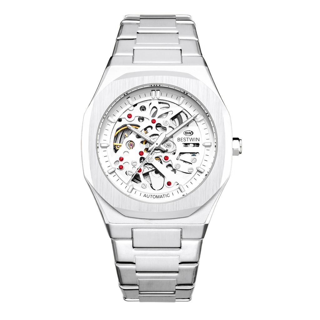 Automatic Mechanical Watches for Men Skeleton Hollow Dial Luminous Wrist Watch Steel Strap Square Case Watch Waterproof