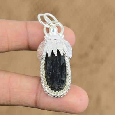 Easter Sale Black Tourmaline Rough Stone 925 Silver Unique Art Deco Boho Pendant