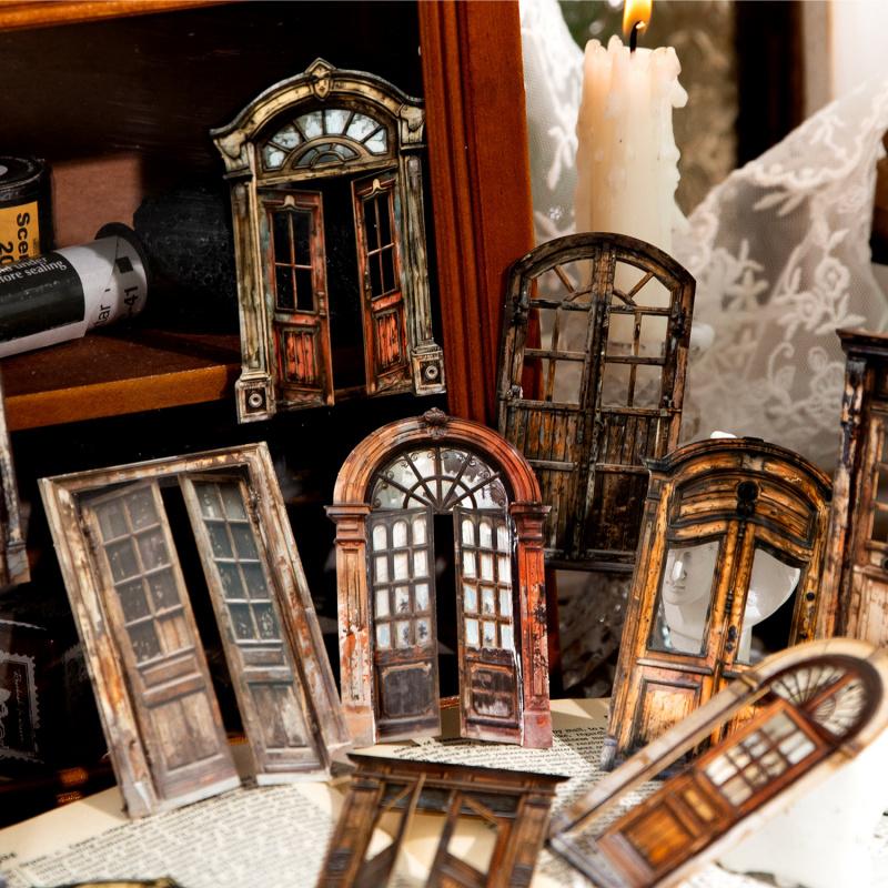 10-Sheet Vintage Wooden Door Theme Hard Card Stickers, Retro Door Frame Patterns & Sturdy Material, for Journal DIY