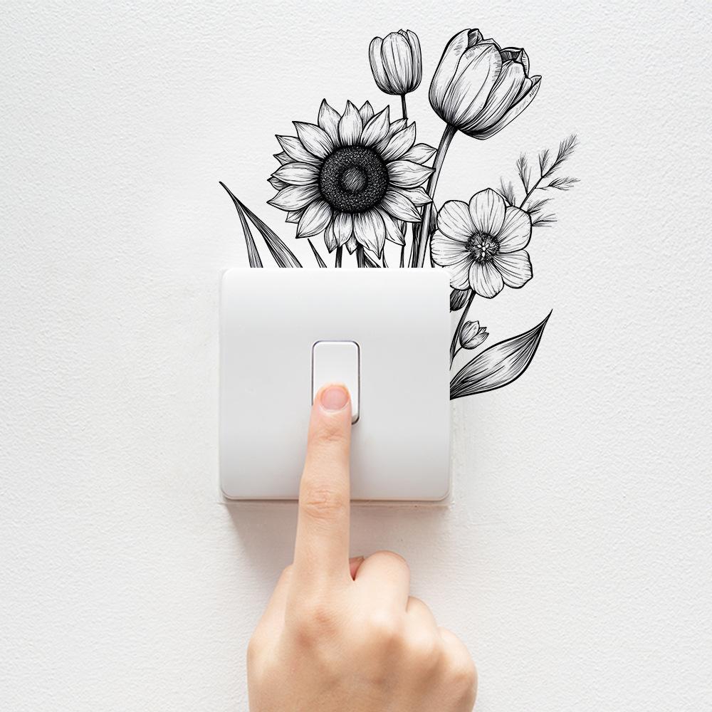 Self Adhesive Black and White Flower Switch Plate Stickers Peel and Stick Removable Waterproof