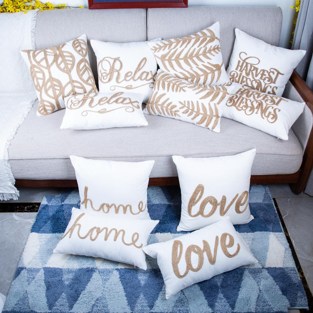 

Pillowcase Linen Letters Leaf Embroidery Sofa Cushion Cover 45x45cm