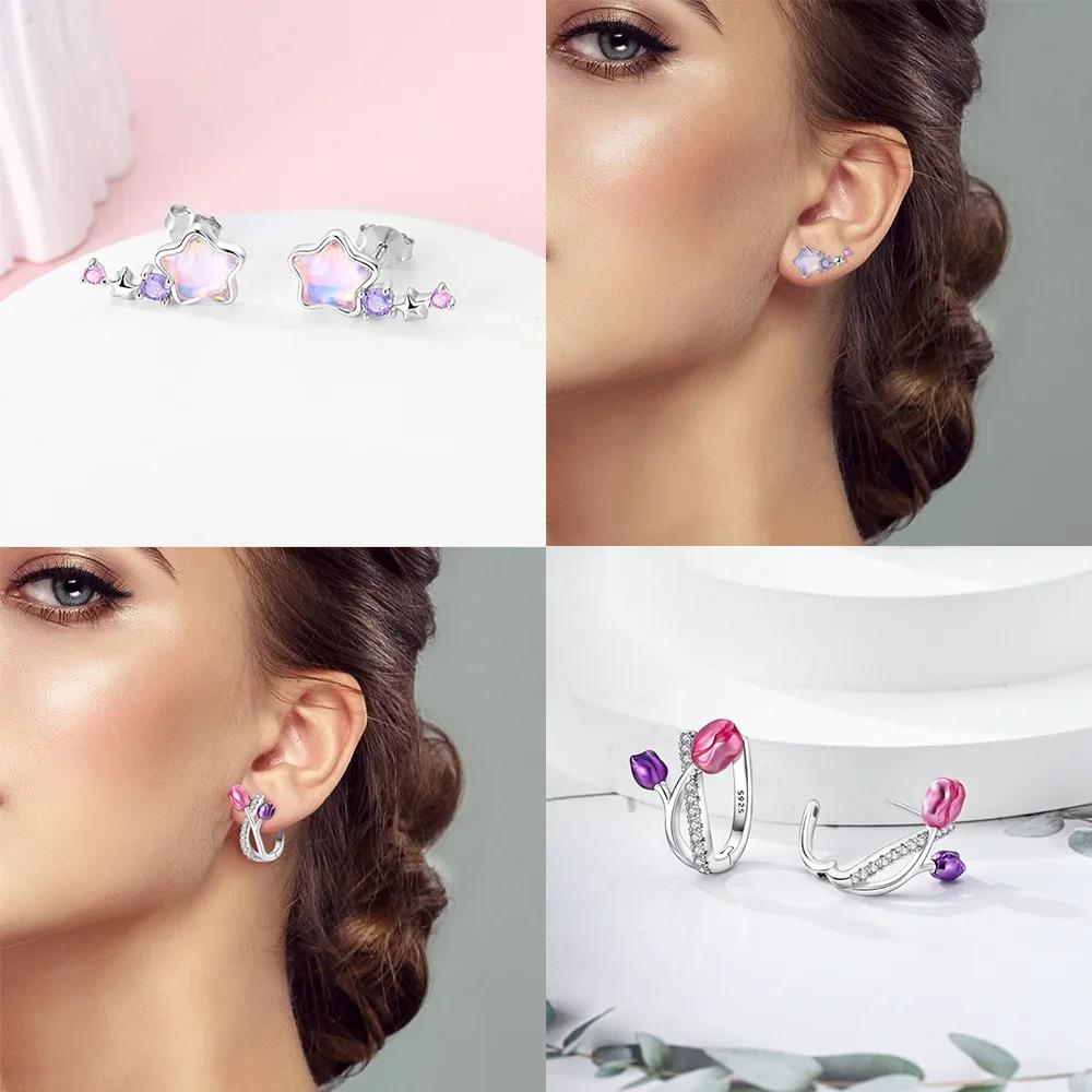 925 Silver Earrings Women Jewelry Butterfly Flower Pink Flowers Zircon Hoop Ear Studs Sparkling Earring Wedding Gift