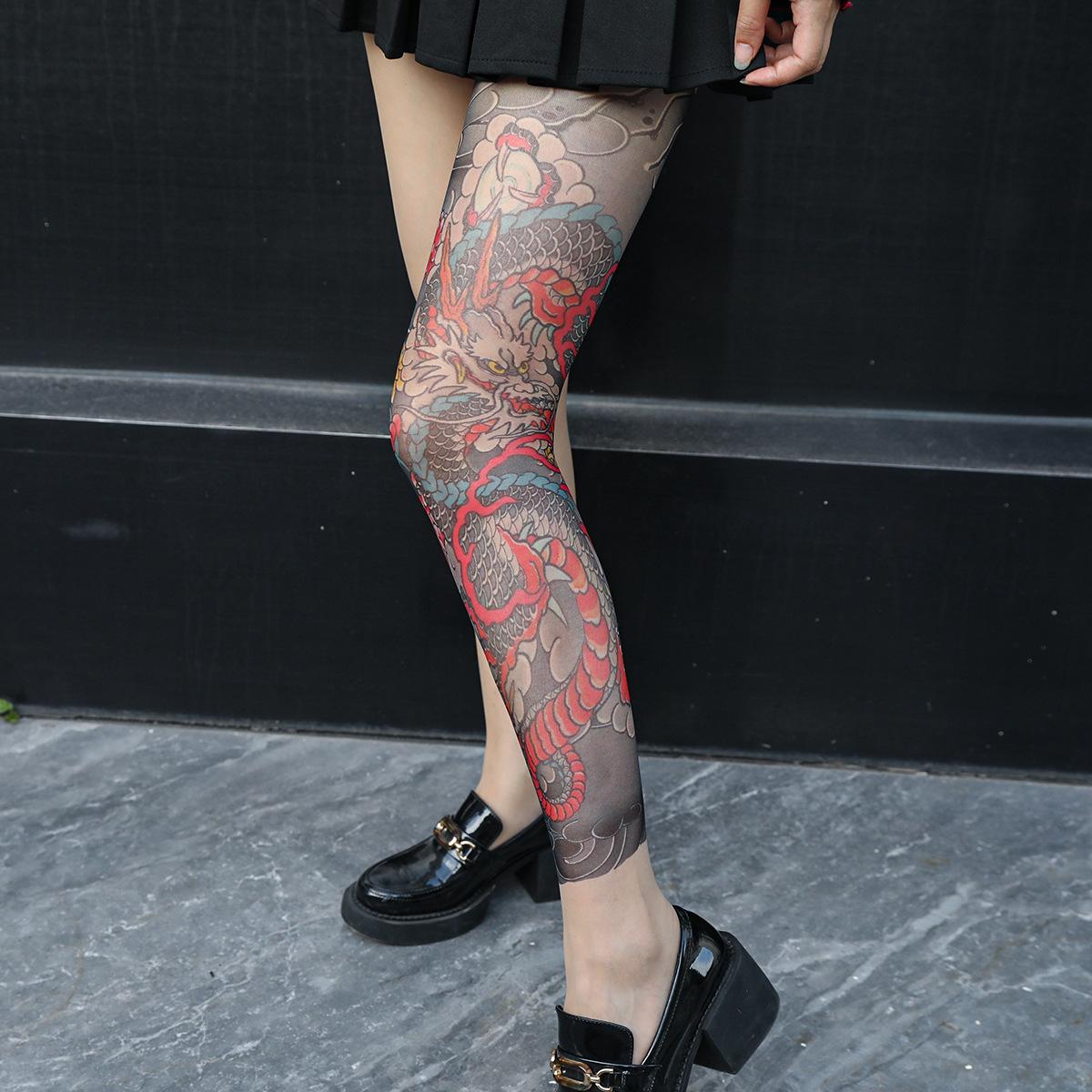 Gotische Stijl Edgy Dames Eenzijdige Tattoo Print Doorzichtige Strakke Tattoo Sokken Een Volledige Been Tattoo Print Pantybloemen Draak Schedels One Size