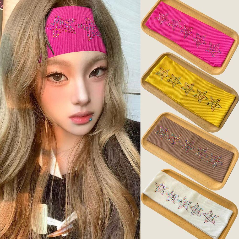 Pure Color Elastic Headband Soft Sports Hairband Casual Rhinestone Star Headband  Yoga