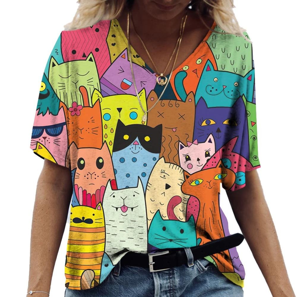 Camiseta de Mujer Gatito Anime Pintura Estampado Chica Ropa Blusa Cuello en V Harajuku Jersey Tops Verano Oversize Manga Corta Camisetas