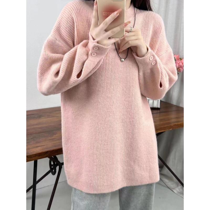 Lazy wind thickened loose cuffs button-knitted pullover sweater for women's autumn and winter medium and long inner top for women