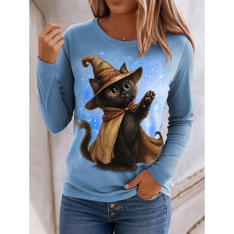 

Модные женские топы с длинным рукавом, повседневная графическая футболка на Хэллоуин с кошкой, блузка с круглым вырезом, осенне-зимний уличный стиль, пуловер S
