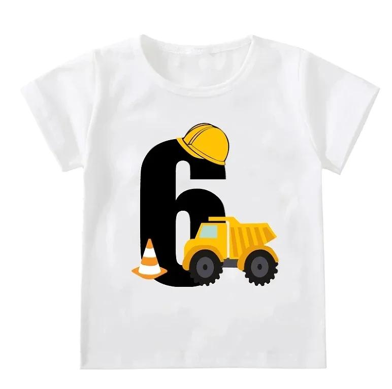 Engineering Vehicle Number 6 Dump Truck Print Boys White T Shirt Builder Themed Short Sleeve Sixth Birthday Casual Wear