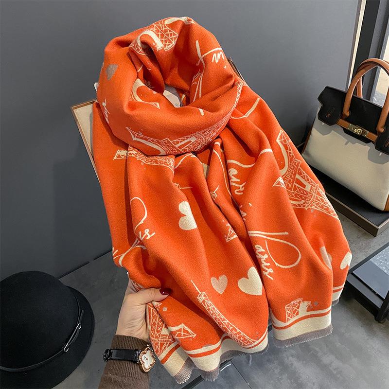 New Autumn and Winter Imitation Cashmere Scarf for Women European and American Style Iron Tower Pattern  Warm Outer Wear Multi Purpose Scarf