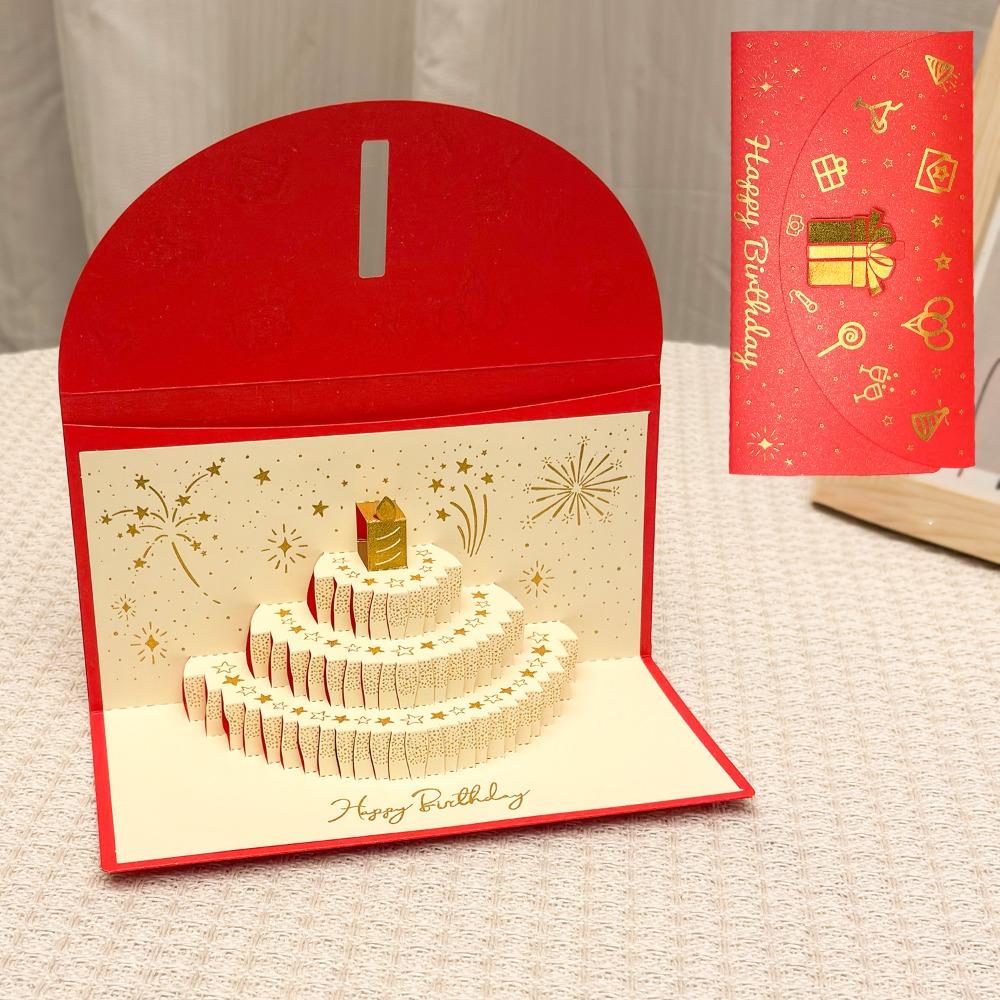 

3D Pop-Up Birthday Red Envelope Greeting Card Can Hold 1-20 Cash Foldable Musical Light Greeting Card Gold Gold-stamped Cover червоний