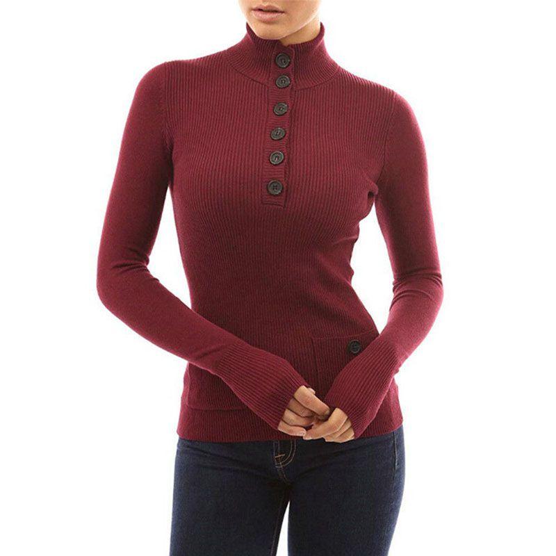 Top casual a collo alto a maniche lunghe da donna, maglione in maglia, T-shirt con bottoni, camicetta, in tessuti di alta qualità per il comfort di tutto il giorno