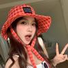 Women Plaid Lace-Up Fisherman Hat Spring Summer Wide Brim Sun Protection Hats Japanese Girl Outdoor Travel Beach Sunshade Caps