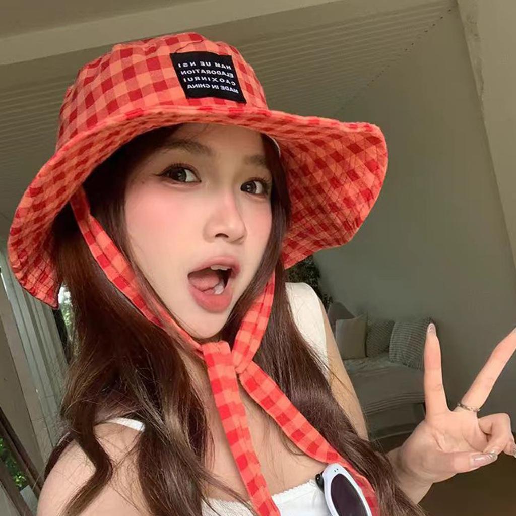 Women Plaid Lace-Up Fisherman Hat Spring Summer Wide Brim Sun Protection Hats Japanese Girl Outdoor Travel Beach Sunshade Caps