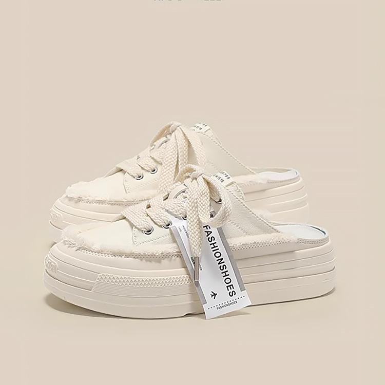 Yiyuan one-pedal biscuit bag head half slippers women's 2025 summer new thick-soled heightening beggar canvas casual shoes