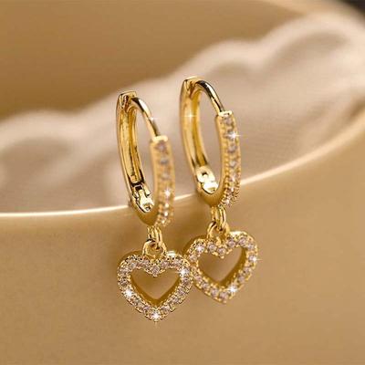 Luxury Crystal Zircon Heart Pendant Earrings For Women Fashion Gold Color Hollow Circle Geometric Ear Buckle Wedding Jewelry