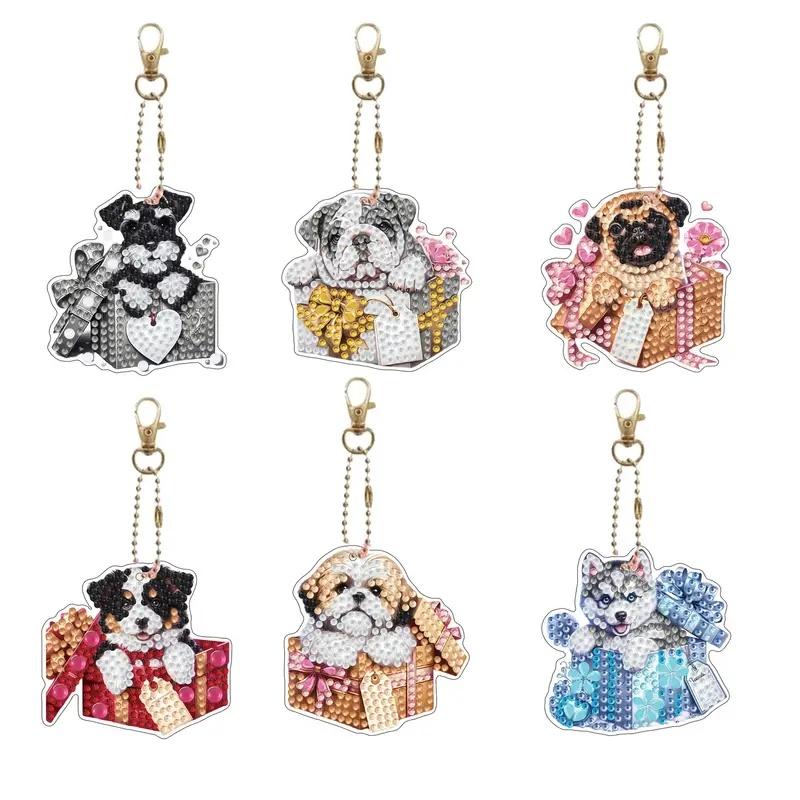 6Pcs/Set DIY Diamond Painting Keychain - Animal and Dog Patterns, DIY Decorations, Diamond Kit Craft Supplies