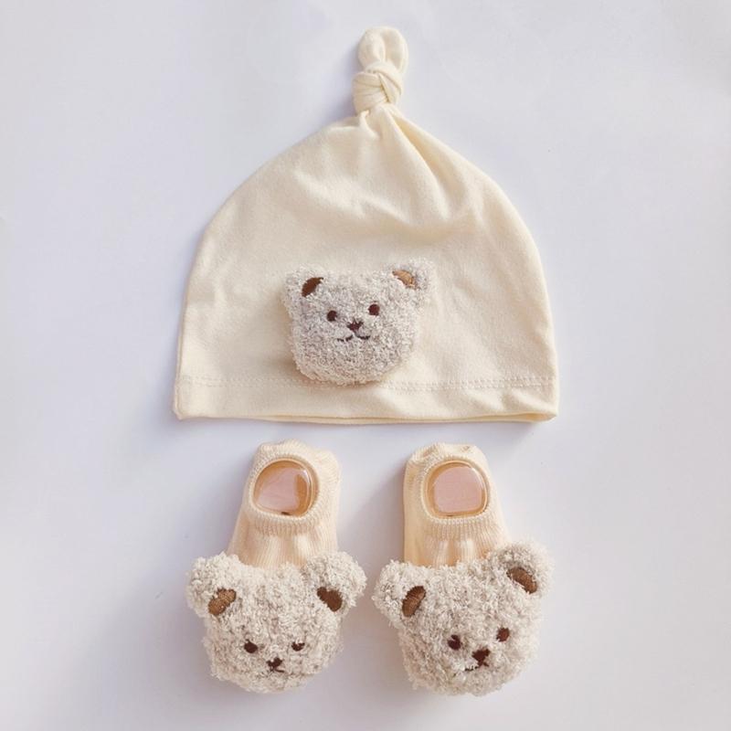 Winddichte Mütze und Bodensocken-Set für Säuglinge Niedliche Bär-Baby-Beanie-Mütze, Neugeborenen-Knotenmützen, Cartoon-Kleinkindermütze