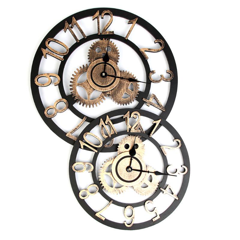 3D Retro Rustic Vintage Wooden Noiseless Steampunk Gear Wall Clock Roman Numerals