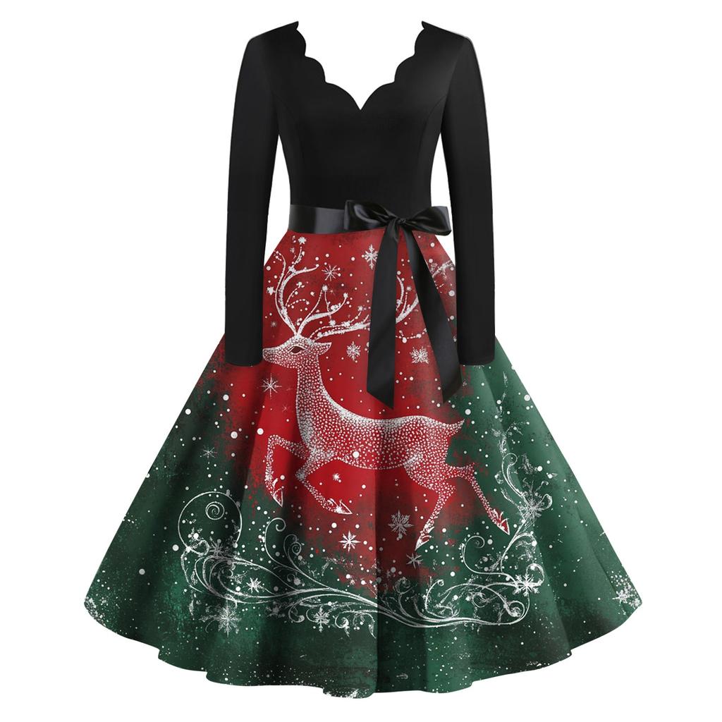 Women's Casual Fashion Christmas Printed V-Neck Vintage Dress