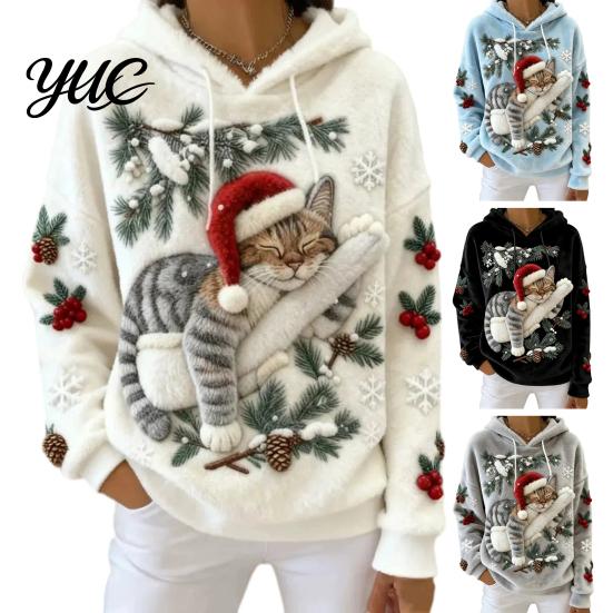 Winter Pullover Hoodie Damen Weihnachten Katze Aufdruck Hoodie, Übergroßes Langarm Sweatshirt, Tägliche Kleidung Sweatshirt Lässig Locker Kordelzug Kapuze