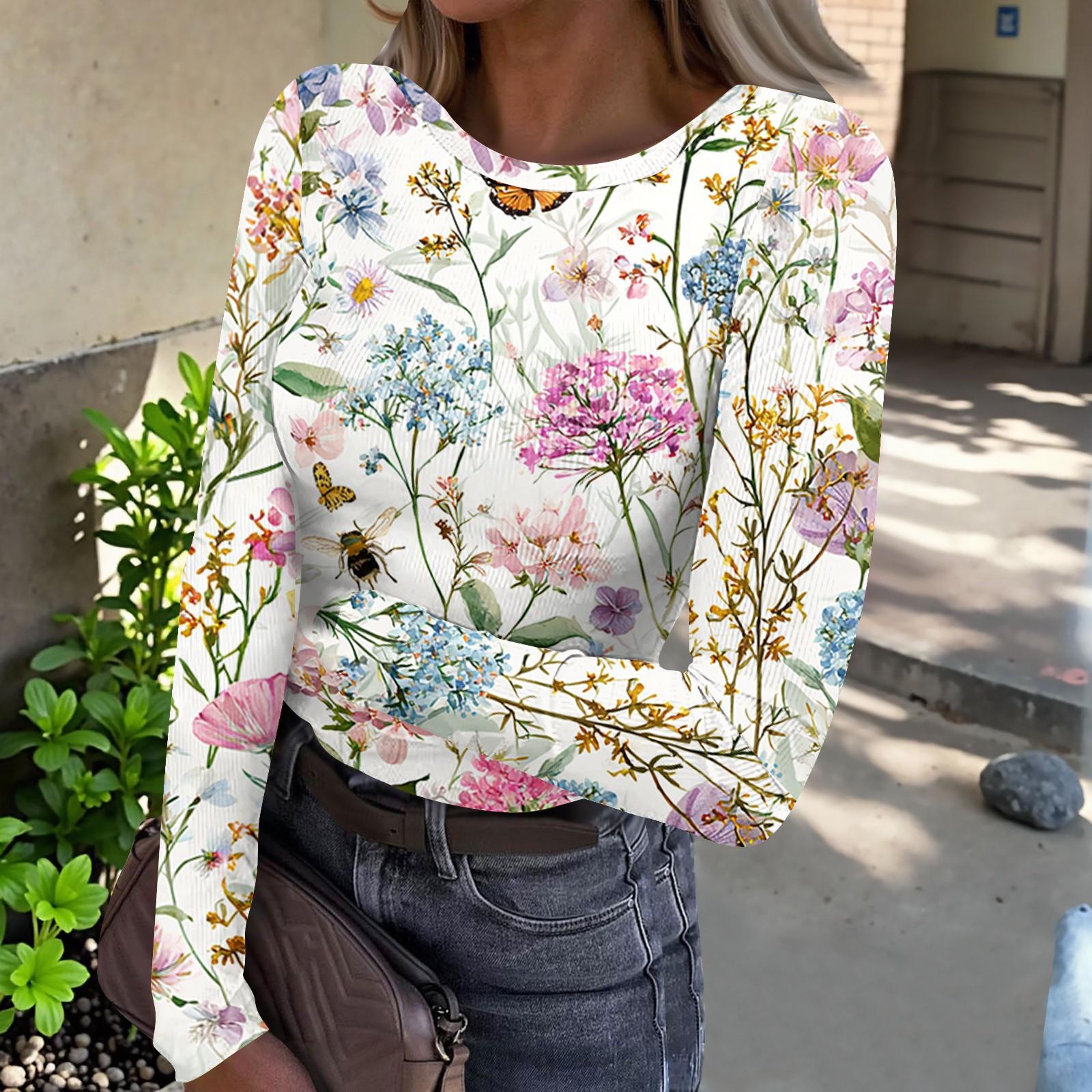 

Women’s Casual Long Sleeve Ribbed Crew Neck Top with Floral Print Pullover Lightweight Stretchy Knitwear for Daily Wear XL