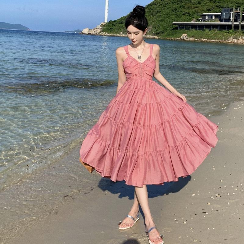 Summer island style dress beautiful temperament pink neck backless photo skirt niche waist and thin skirt