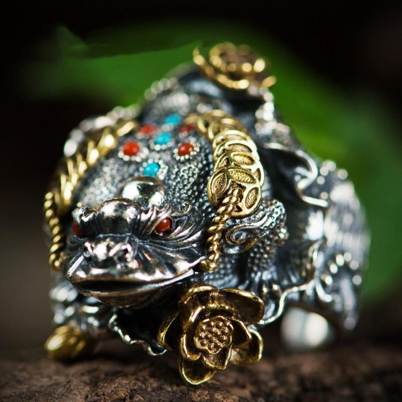 Verstelbare Vintage Gouden Pad Ring Met Handgemaakte Edelsteen Inleg Mannen Vrouwen