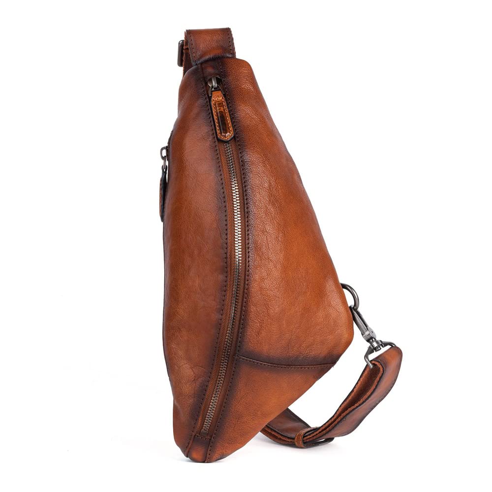 

Whatna Antique-Style Tanned Natural Cowhide Leather Crossbody Bag, One-Shoulder Bag for Men, Genuine Thick Leather, Reversible Left or Right Strap,