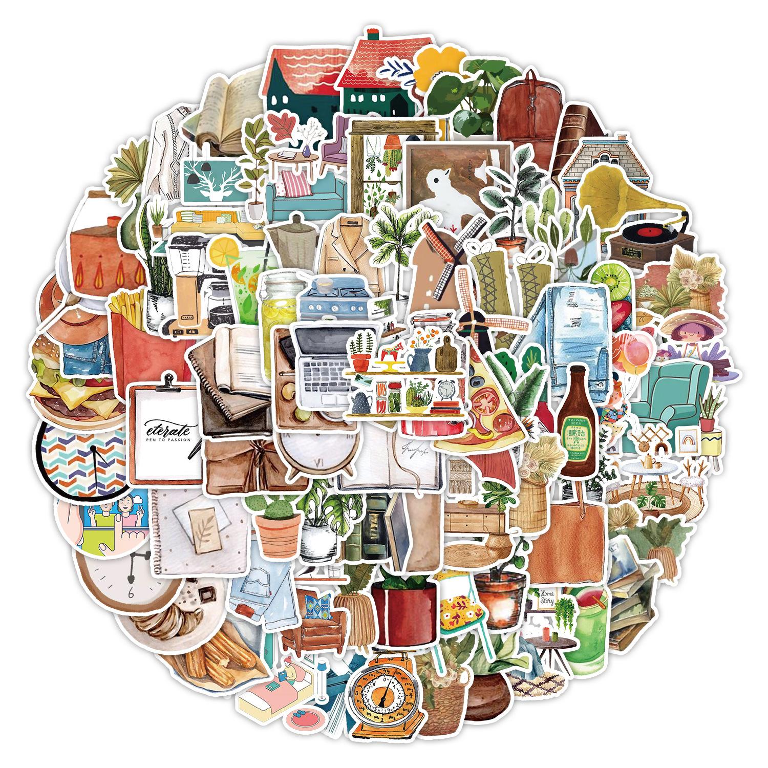 

100 Watercolor Retro Small Items Stickers Skateboard Suitcase Water Cup Decorative Stickers Waterproof Creative Stationery Stickers