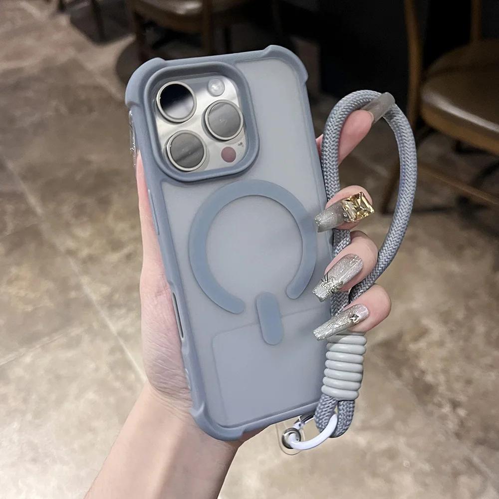 Matte Shockproof Armor For Magsafe Wireless Charge Case for iPhone 17 16 15 14 Plus 13 12 11 Pro Max Clear Wrist Strap Cover