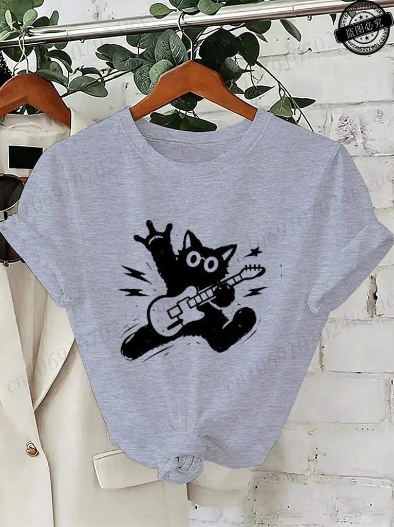 Rock Cat T-Shirts,Grunge Punk Tee Aesthetic,Abstract Guitar Women's Tee Shirts,Music Lover Gift,Quirky Animal Graphic T-Shirts