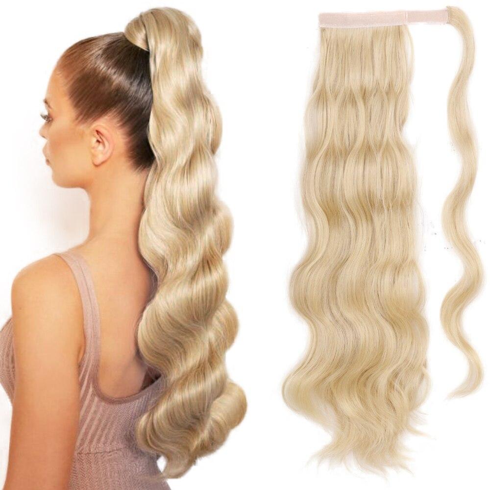 XINRAN Langer, gewellter Pferdeschwanz zum Umwickeln, synthetischer Pferdeschwanz, Clip-in-Haarteil, schwarz-blond, burgunderfarbener Wellen-Pferdeschwanz für Frauen