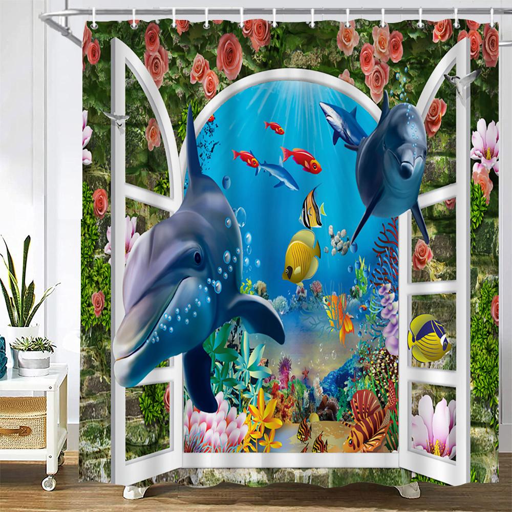 Cartoon Ocean Dolphin Shower Curtain,Waterproof Bathroom Screen Sea Animal Shower Curtain Polyester High Quality Home Curtain