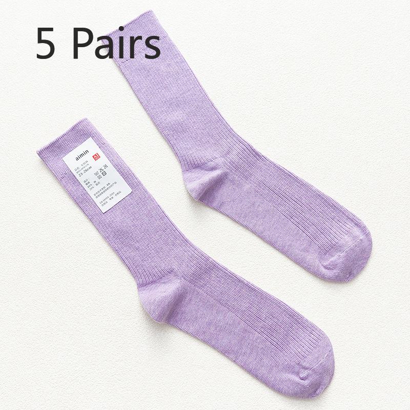 5 Pairs of Men's Retro Sweat-absorbing Vertical Striped Plain Color Cotton Mid Calf Socks
