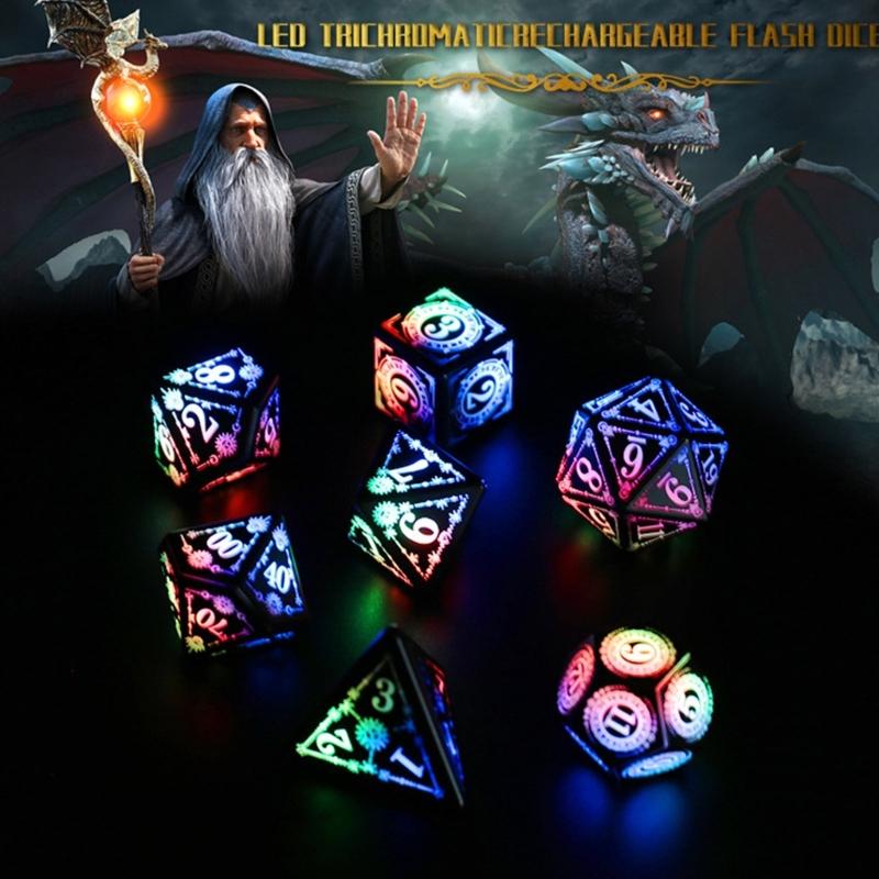 7Pcs Glowing Polyhedral Dices with Charging Box Rechargeable LED Colorful Light Electronic Dices for Role Playing Game
