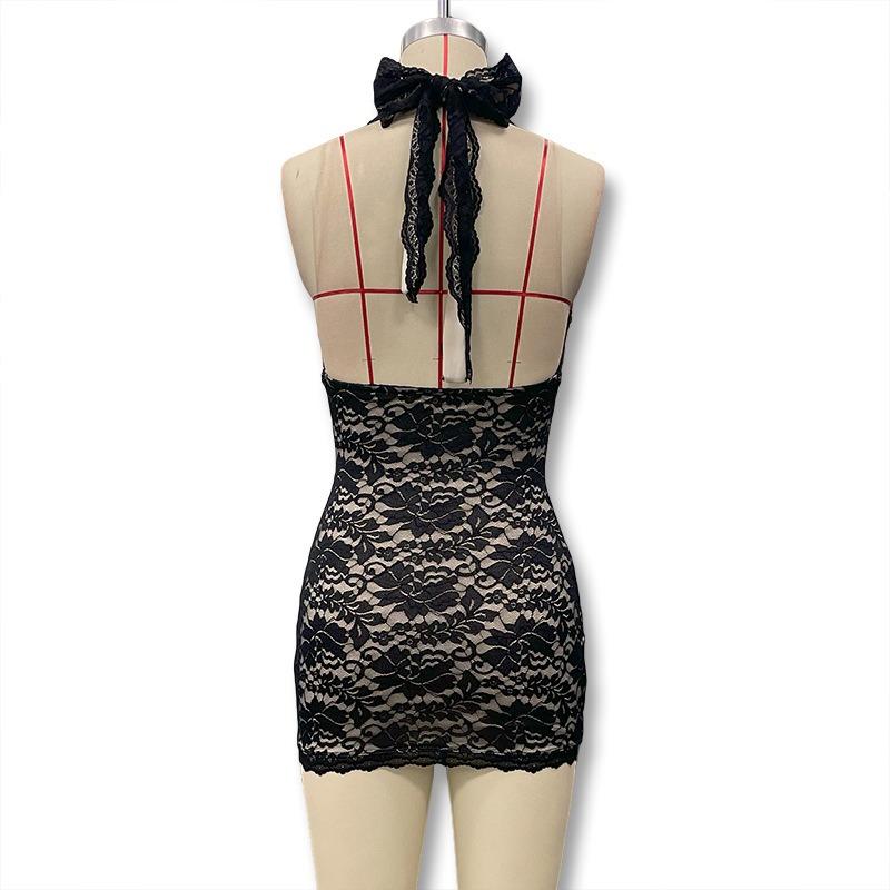 2026 Fashion V-neck Lace Summer Suspender Short Dress Bodycon Sleeveless Party Club Short Dress Halter Neck Women's Backless Sexy Slim Mesh Miniskirt