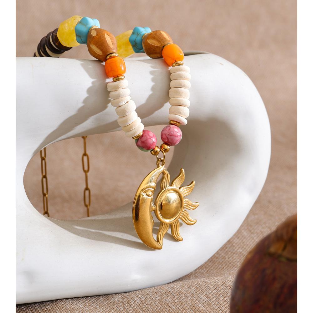 Eetit New Arrival Handmade Jewelry Natural Stone Resin Wood Beads Sun Moon Drop Necklace Stainless Steel Accessories Waterproof