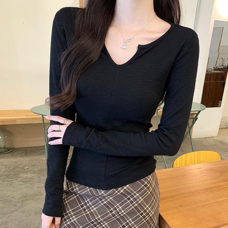 Spice Girl Small Neck Open Line Slim-fit Clavicle Long Sleeve T-Shirt Women's Spring and Autumn Thin Front Shoulder Bottom Shirt Pure Desire Top