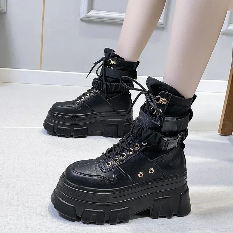 Neue Mode Damen Frühling Herbst Gothic Schuhe Frau Dicke Sohle Schnürstiefel Knöchel Punk Klobige Plateau Motorradstiefel Botas Mujer