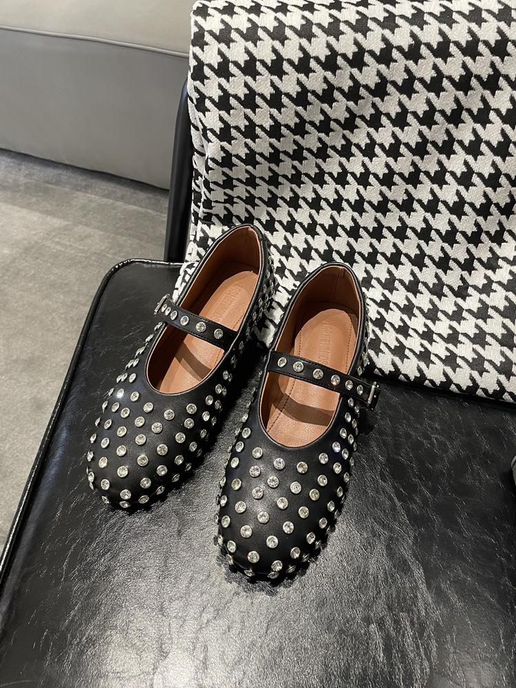 Sheepskin version of high-end feeling~ new leather rhinestone rivet Mary Jane shoes women's inner single shoes flat ballet shoes