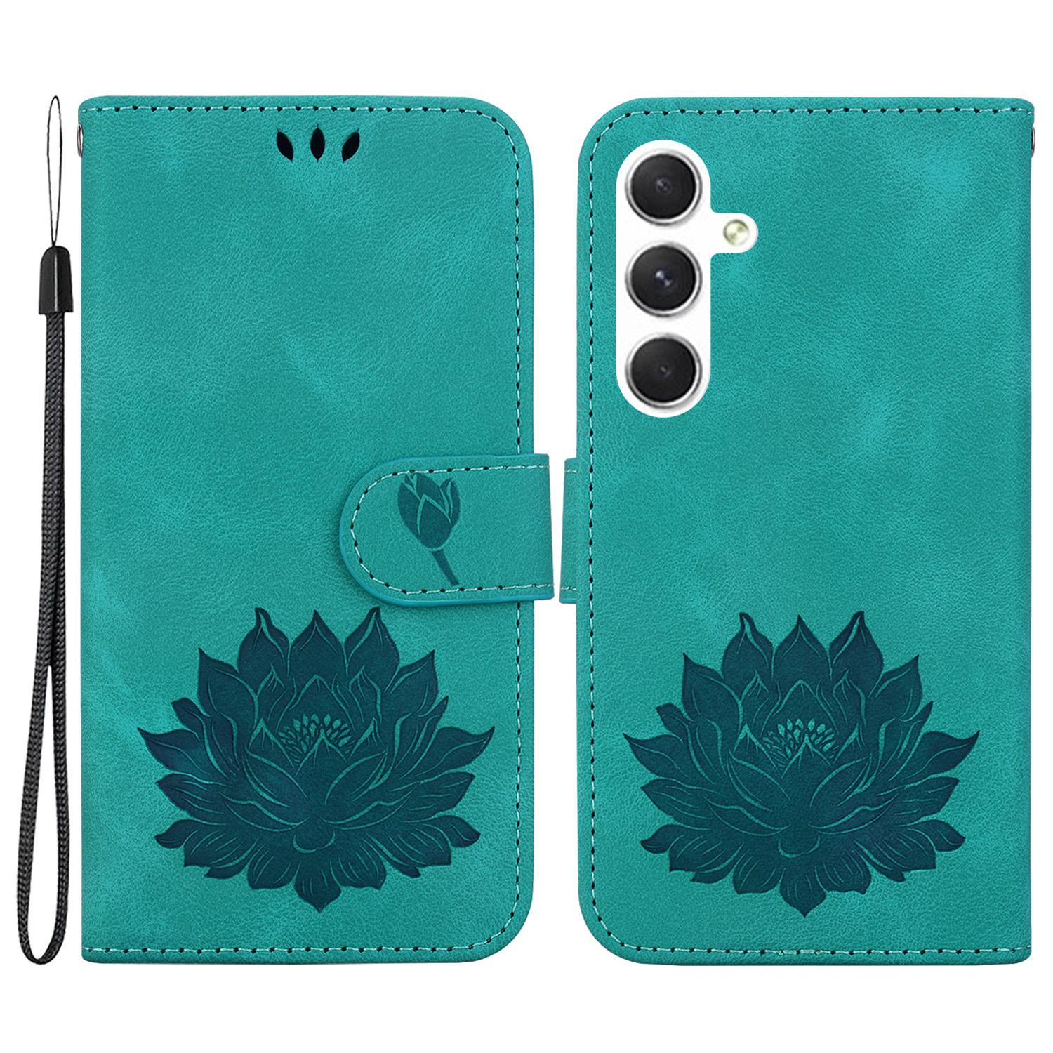 

For Samsung Galaxy S24 Case Lotus Imprinted Leather Flip Phone Cover Green