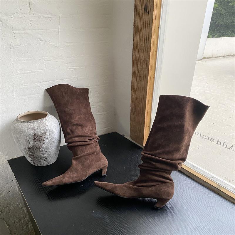 

2025 Новые осенние ботфорты на каблуке, высокие одинарные ботинки из ретро-замши, узкие ботфорты выше колена, женские 39 темно-коричневого