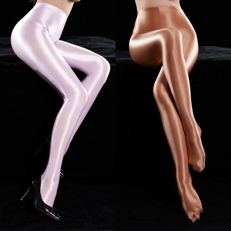 Plus Size Glossy Satin Pantyhose Women Sexy Open Crotch Tights Pole Dance Clubwear Oil Shiny Opaque Fitness Leggings