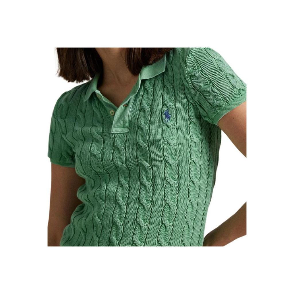 Polo Ralph Lauren Solid Slim Fit Cable Knit Short Sleeve Polo Shirt Women Tops Medium-Green WMPOKNINB920241-310