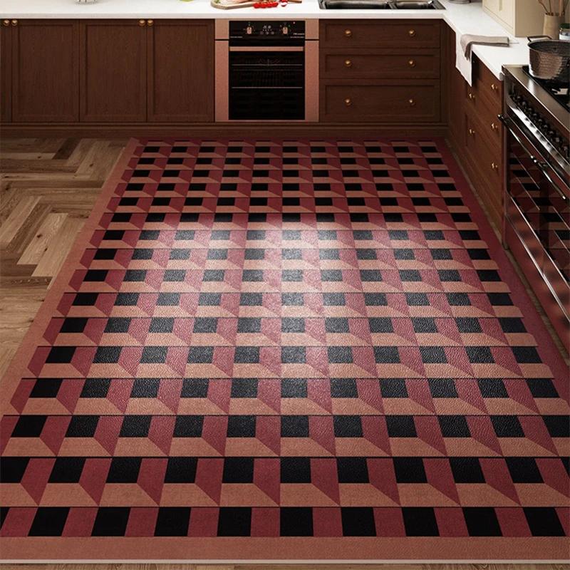 Kitchen Floor Mat Pvc Non-slip Waterproof Carpet Leather Oil-proof Blue Plaid American Home Decoration Rug Alfombra De Cocina