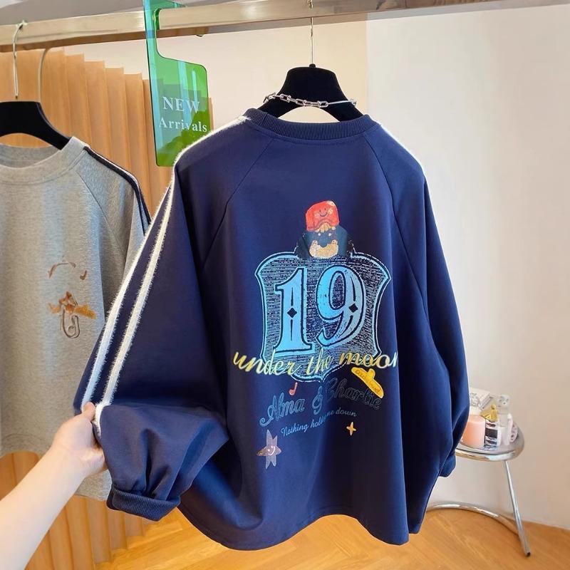 Korean Cartoon Letter Print Loose Large Version Plus Velvet Sweatshirt Women Autumn Sports Long-sleeved T-shirt Trendy
