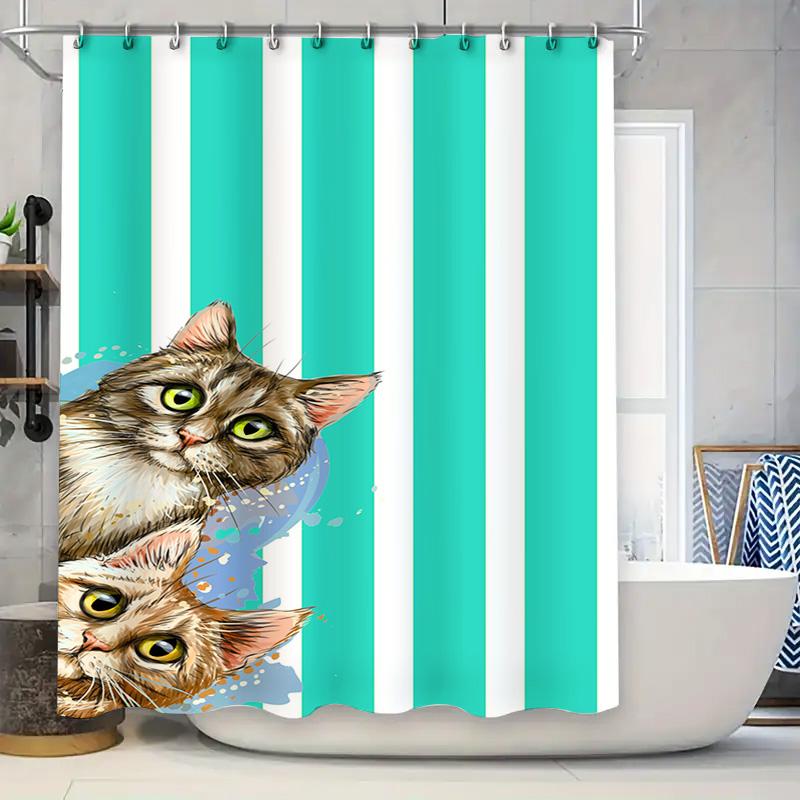 

Green Striped Shower Curtain With Feline Print For Bathroom Decor Waterproof Fabric Diy Home Improvement Ideas #21370458698-Alie W60H190(CM)-1 Pcs