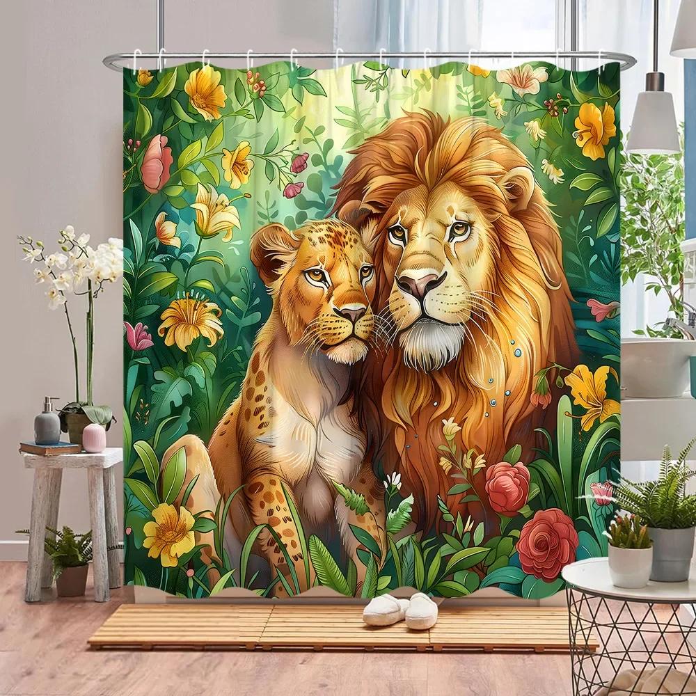 Wildtier Duschvorhang Blume Pflanze Löwe Kuh Tiger Dschungel Szenerie Cartoon Bauernhof Zuhause Polyester Stoff Badezimmer Dekor Vorhang Set