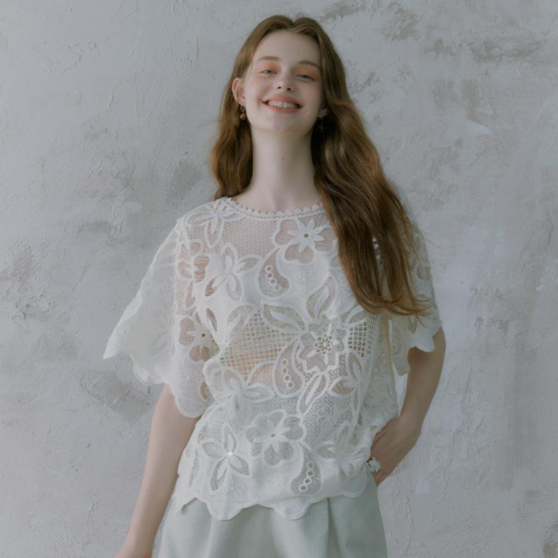 

DIMANAF 2025 New T-Shirt Women Knitting Lace Flower O-Neck Hollow Summer Style Basic Tops Tees Loose Clothing One Size бежевий